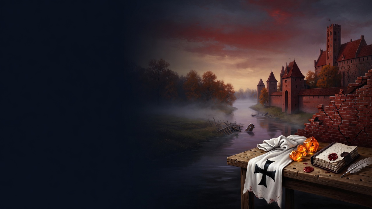 Malbork's red-brick towers rise over a misted river; a table holds a Teutonic mantle, amber, and a sealed ledger