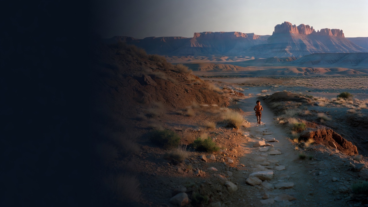 A Hopi boy runs a stone trail toward sunlit mesas in the high desert