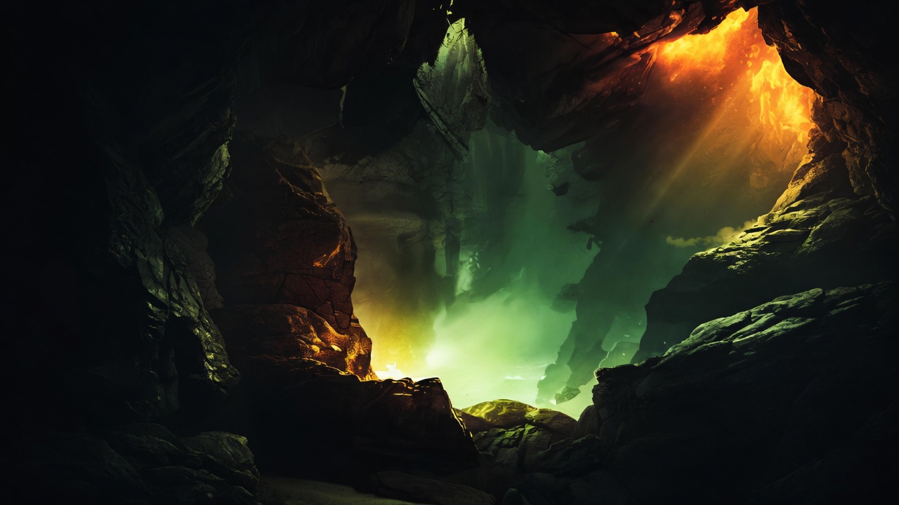 A dark cave passage lit green on one side and orange on the other