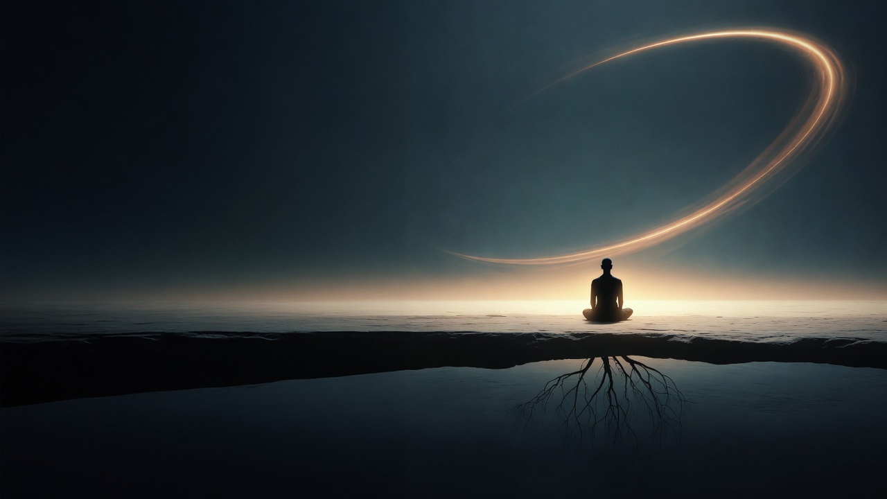 A silhouetted figure sits on a stone edge at dawn, roots reflected in still water