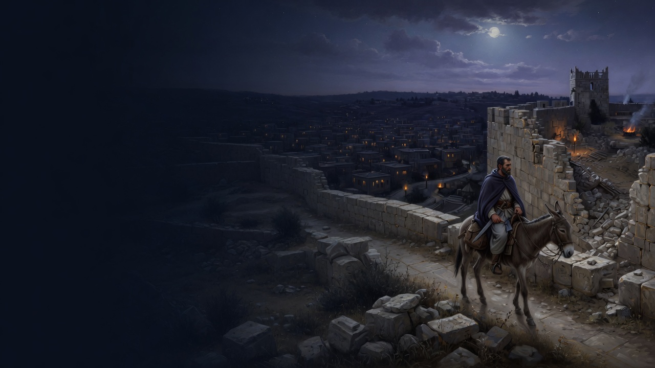 A man in a blue cloak rides a donkey along a broken moonlit wall above a lamp-lit city