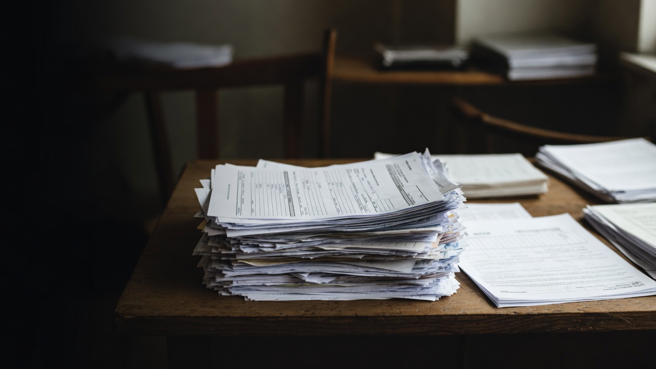A tall stack of printed forms sits on a wooden desk in a quiet office