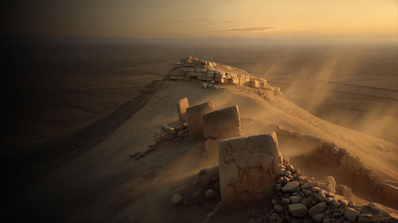 Carved T-shaped limestone pillars stand on a dusty ridge above a vast plain at sunset