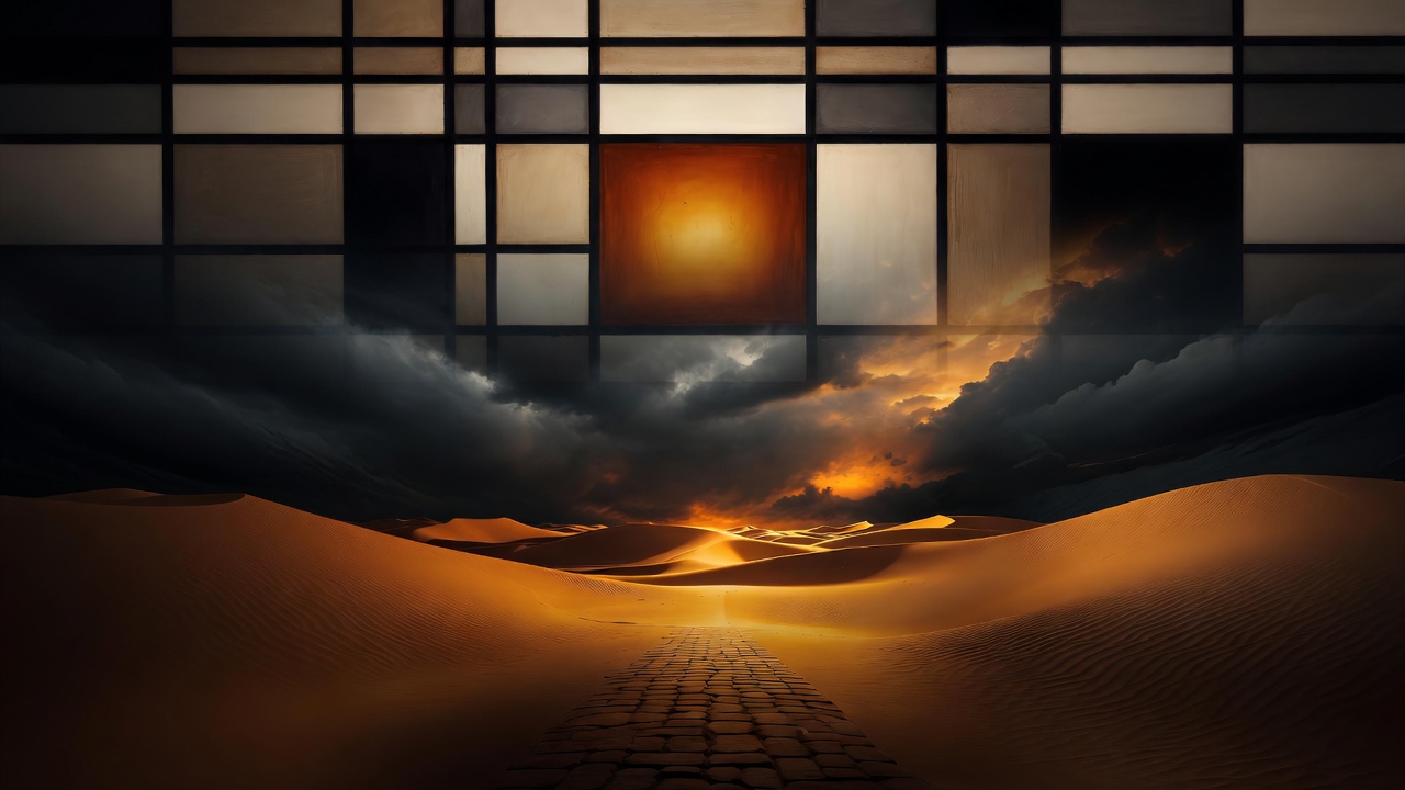 A Mondrian grid of cream and amber squares hangs over a brick path through golden dunes at sunset
