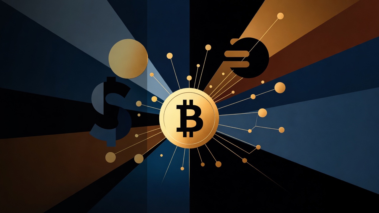 A gold Bitcoin coin, a dollar sign, and radiating nodes on a navy-and-black geometric field