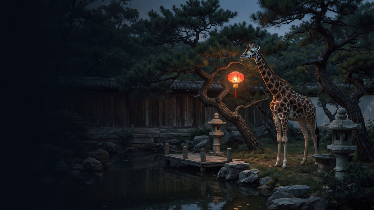 A giraffe stands at dusk in a walled garden of pines, stone lanterns, and one red paper lantern