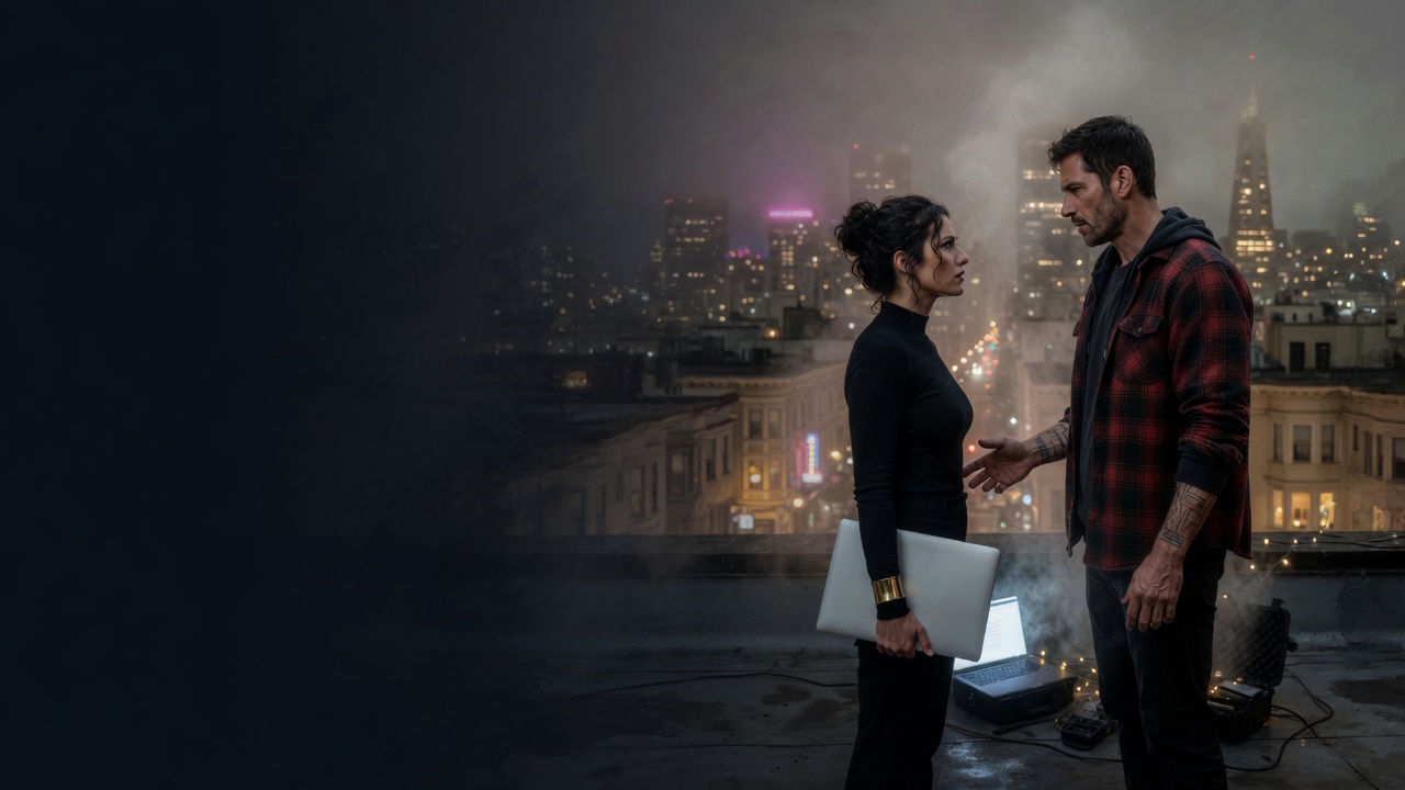 Two founders face each other on a foggy San Francisco rooftop, a laptop open on the parapet