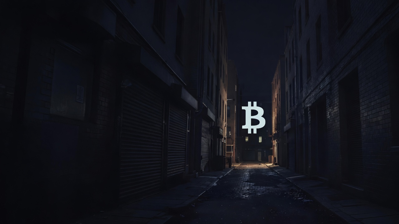 A dark brick alley with wet cobbles and a pale Bitcoin emblem at the far end