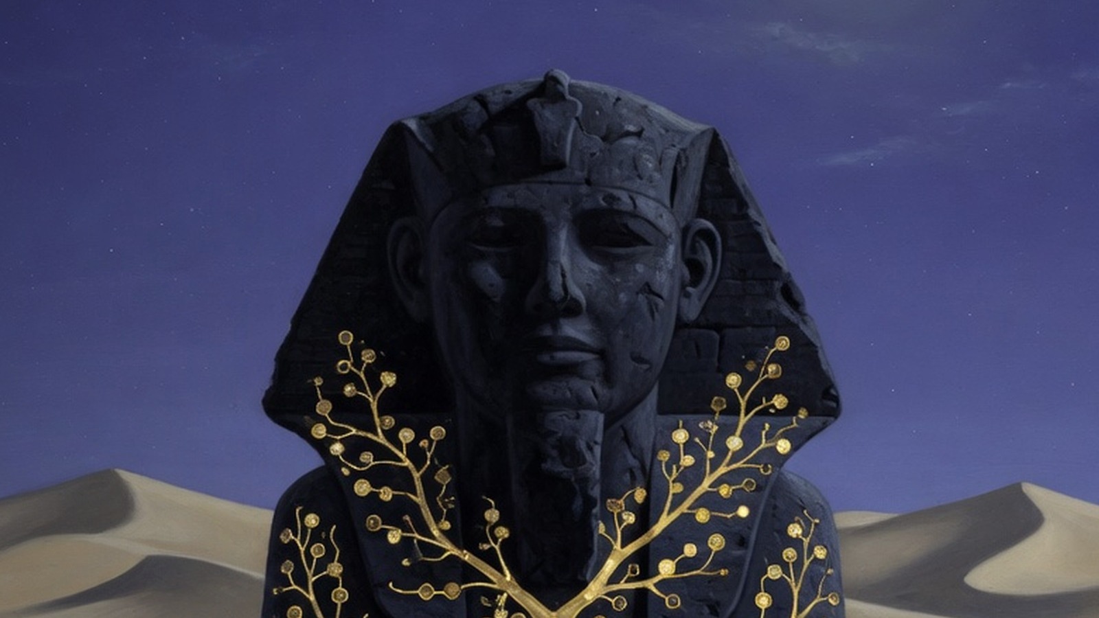 A basalt sphinx in a night desert, with a gold hash tree set into the stone