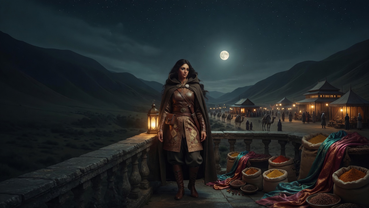 Callista stands on a moonlit Silk Road terrace above a caravan camp, lantern glowing beside her