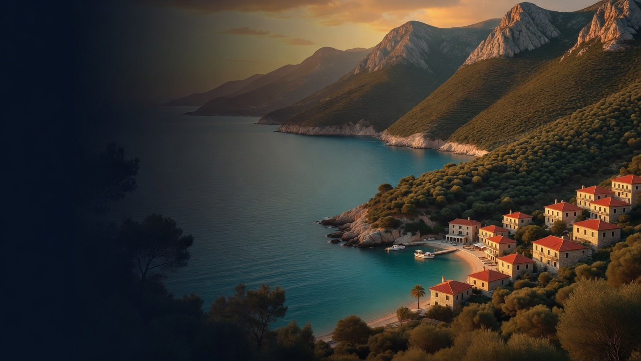 Stone houses with red-tile roofs sit on a small Albanian cove at dusk