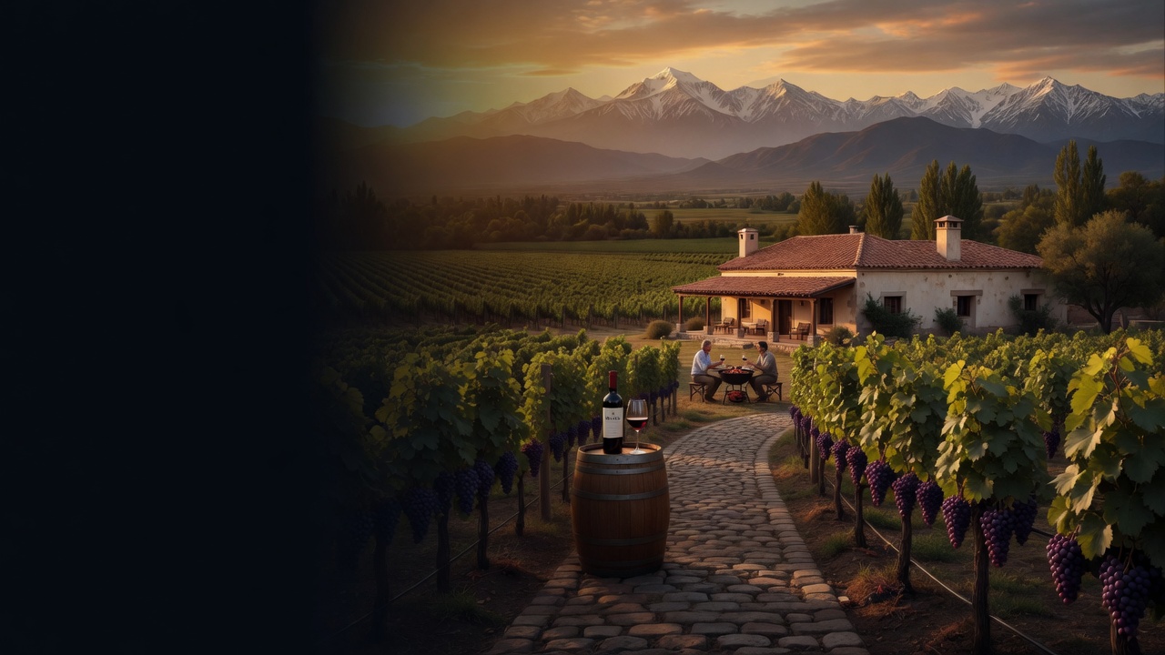 A vineyard path at dusk leads to an adobe house where two men sit at a parrilla under the Andes