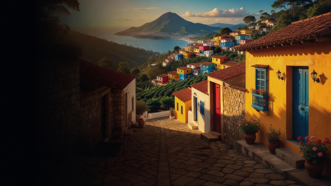 A cobbled lane of yellow and white houses leads toward coffee slopes and a volcano