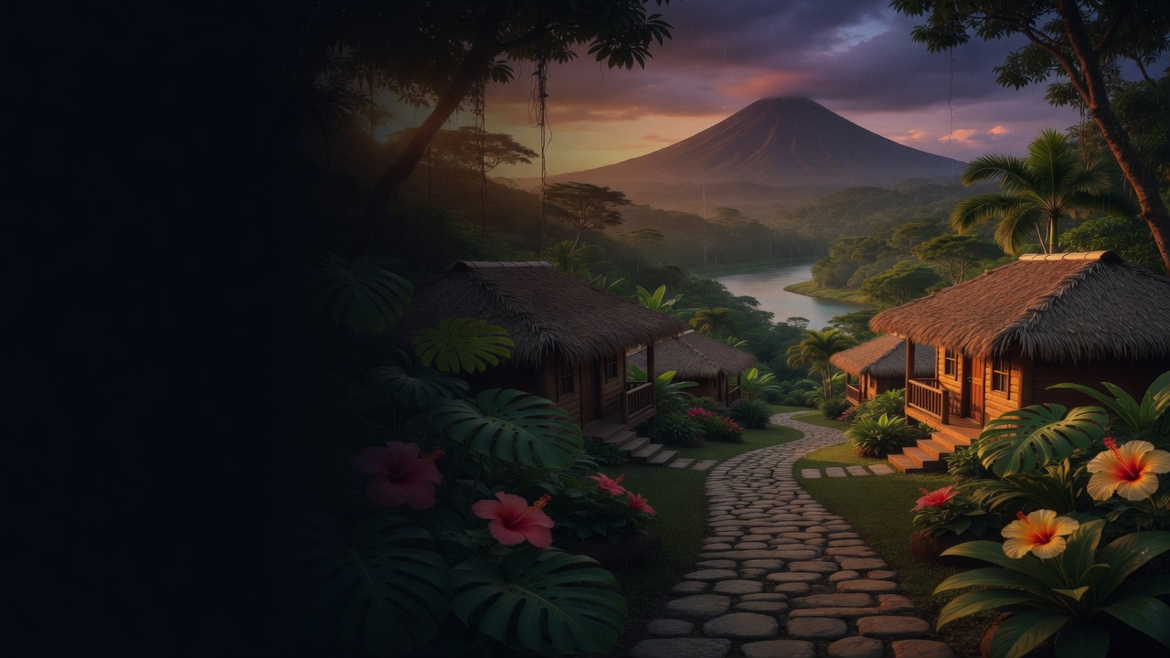 A cobbled path between thatched cabins leads toward a river and a volcano at dusk