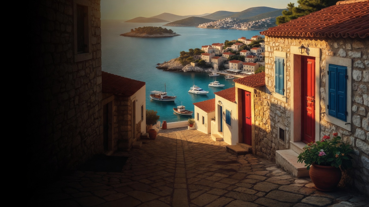 A stone lane between white houses opens onto a turquoise harbor of fishing boats and islands