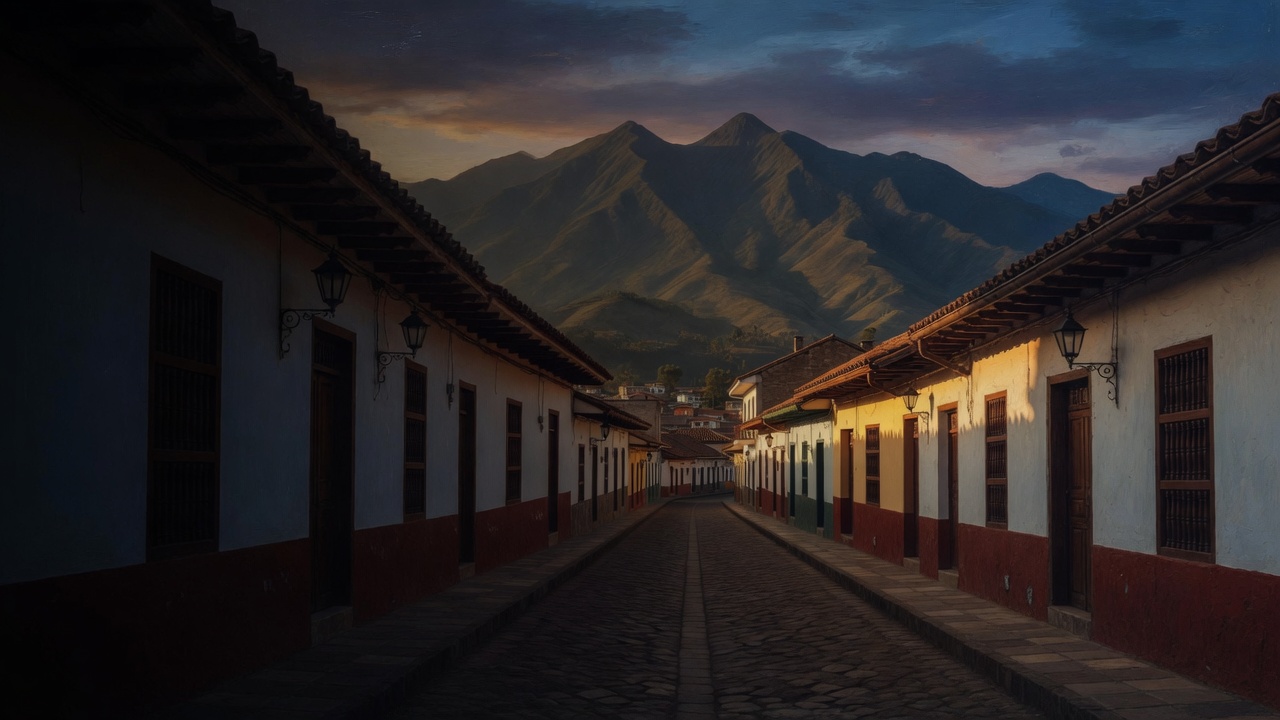 A cobbled highland street of two-tone colonial houses leads toward green Andes at dusk
