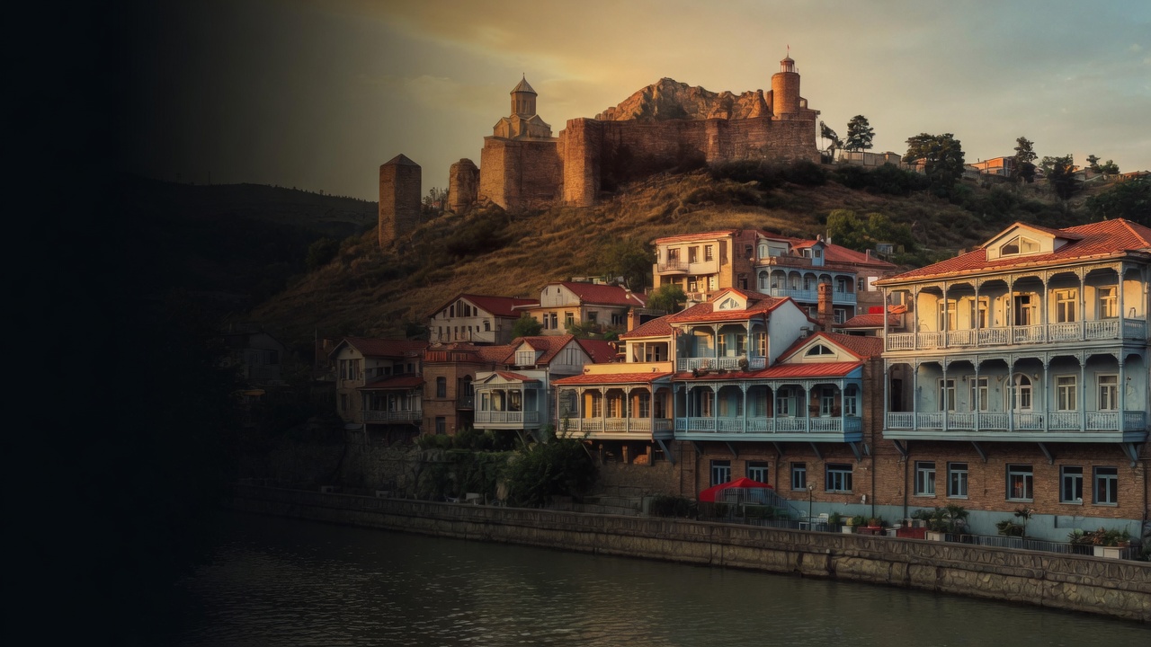 Wooden balconies line the Mtkvari at dusk beneath Narikala fortress and a hilltop church