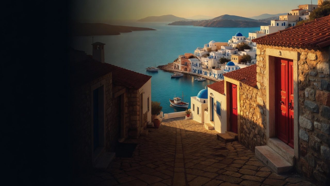 A whitewashed lane with a blue-domed chapel opens onto a fishing boat in a turquoise harbor