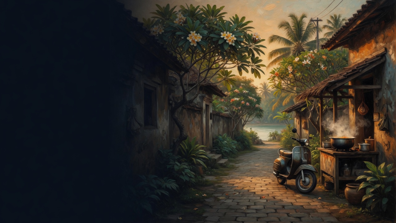 A cobbled Indonesian lane with frangipani, a parked scooter, and a steaming warung pot at dusk