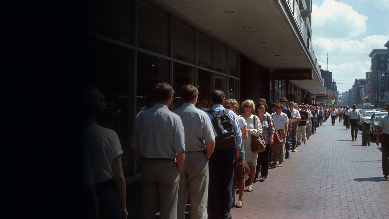 A long line of people along a mid-century storefront on a brick sidewalk
