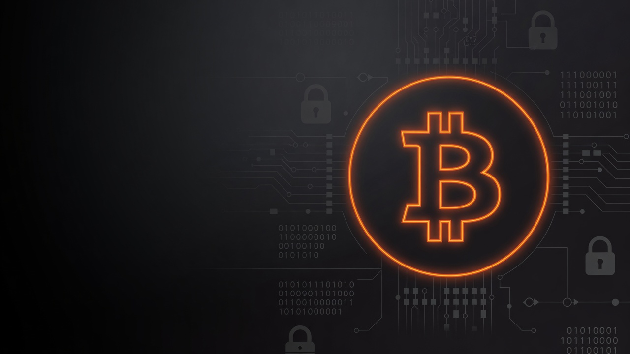 An orange neon Bitcoin emblem sits on dark slate with faint circuit traces