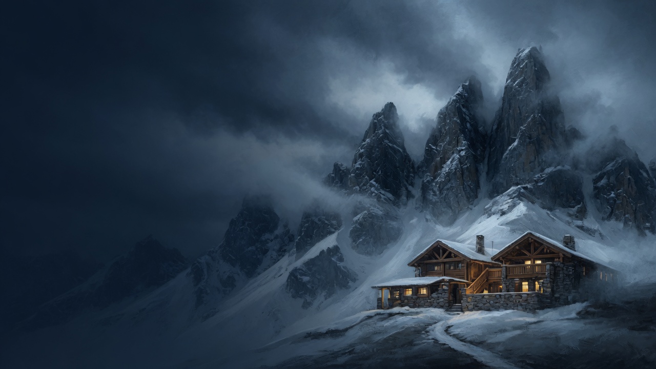 A timber-and-stone lodge with warm windows sits beneath storm-lit snow peaks