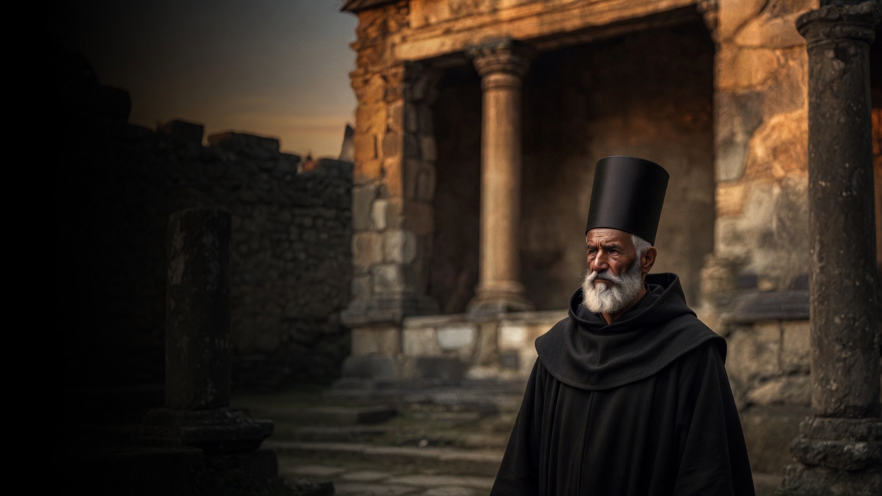 An elderly man in a tall black hat and black robes stands in a stone Georgian courtyard at dusk