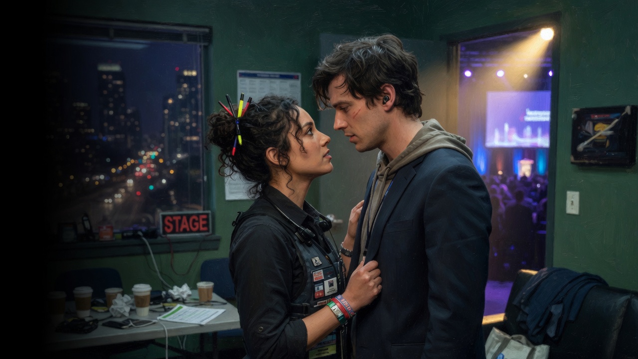 A summit fixer with pens in her hair and a speaker in a hoodie stand close in a green room with a STAGE light