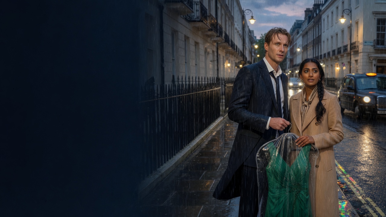 A man in a wet navy suit and a woman in a camel coat hold a green gown in a garment bag on a rainy London street