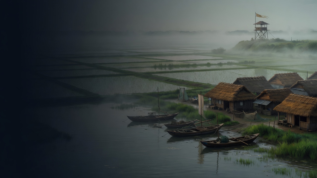 Thatched houses and wooden boats sit on misted water beside flooded rice paddies and a watchtower