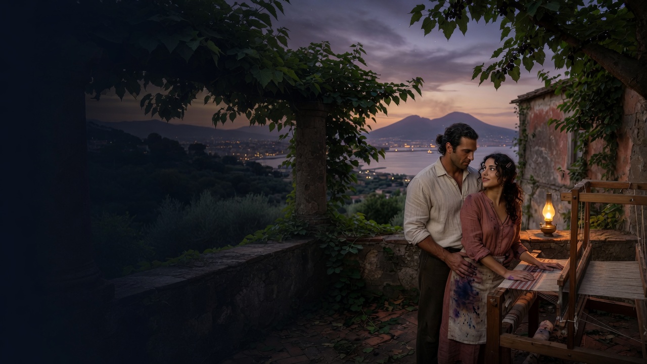 A man and a woman stand at a wooden loom on a terrace above the Bay of Naples at dusk