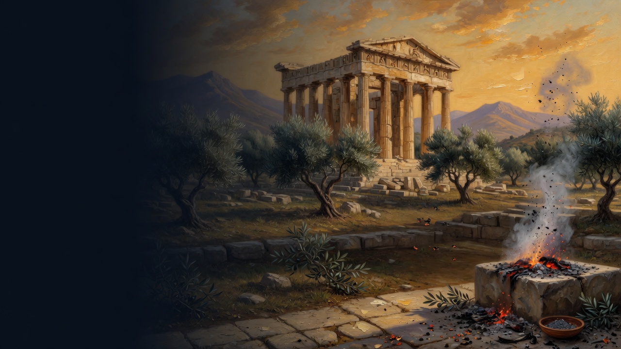 A Doric temple stands among olive trees at late day, with a stone altar of ash and embers in the foreground