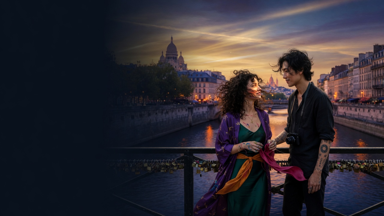 A paint-stained designer and a photographer with a camera stand on a lock-covered bridge over the Seine at sunset