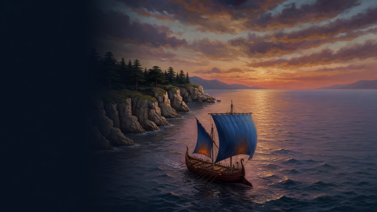 A bronze-age cedar ship with blue sails runs along a cliffed Levantine coast at sunset