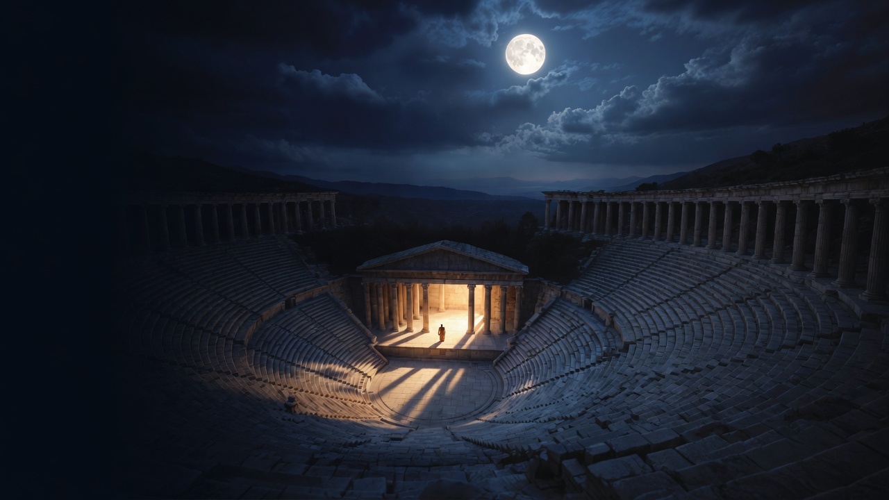 A moonlit stone theater with a glowing colonnade and a tiny figure on the stage