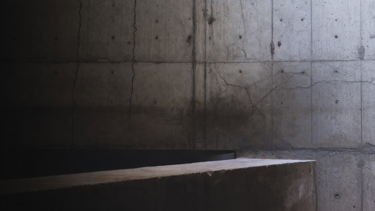A cracked concrete wall and a blank institutional ledge, no people