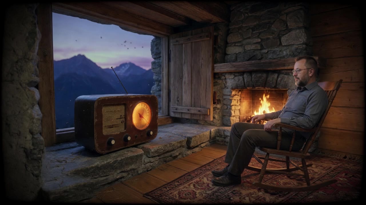 Jeremy Bufford in a rocking chair by the fire, listening to the shortwave radio